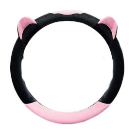 Pink Cat Ear Winter Plush Steering Wheel Cover Warm Car Wheel Protector Universal Car Accessories for Women - Default